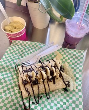 Vegan chunky monkey crepe, vanilla soft serve & taro boba tea at Java Juice Cafe in Flagstaff