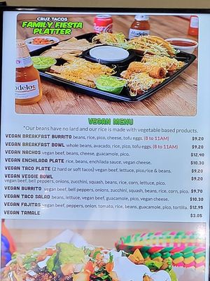 Vegan menu at Cruz Tacos in Murrieta