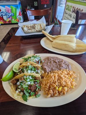 Vegan taco plate, vegan tamales, vegan burrito at Cruz Tacos in Murrieta