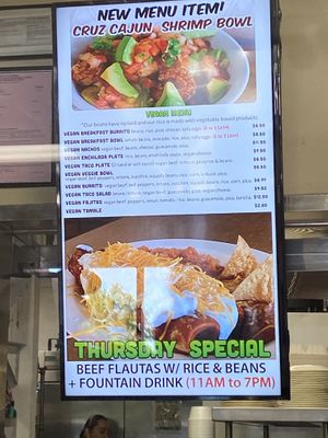 Vegan menu   at Cruz Tacos in Murrieta