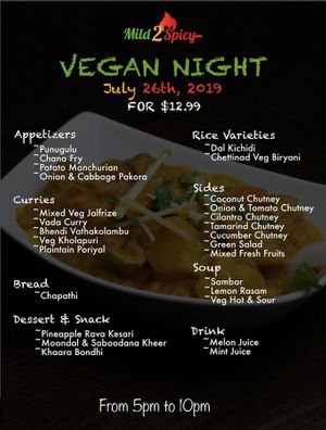 Specialty vegan night on July 26, 2019! at Mild 2 Spicy in Chicago