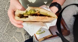 Positano sandwich on pizza bread at A'Sciurella in Amalfi