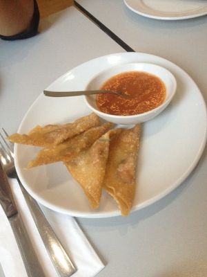 Wonton parcels with mango sauce. at Vegefarm in Bremen