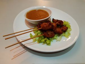 Satay "chicken" sticks with peanut sauce (menu #21) at Vegefarm in Bremen