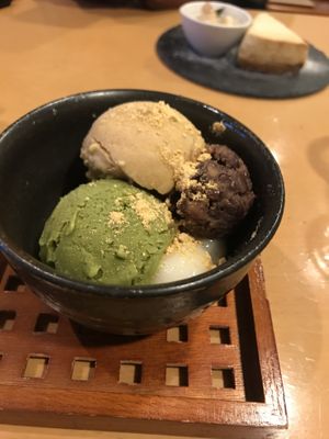 Matcha and soy ice cream parfait  at Musubi Cafe - Gion Kamogawa in Kyoto