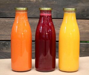 Freshly made organic cold pressed juice. at Lalele in Auckland