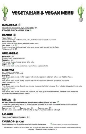 Menu at Tio Rico in Launceston