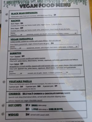 Vegan menu at Tio Rico in Launceston