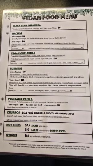 Vegan menu at Tio Rico in Launceston