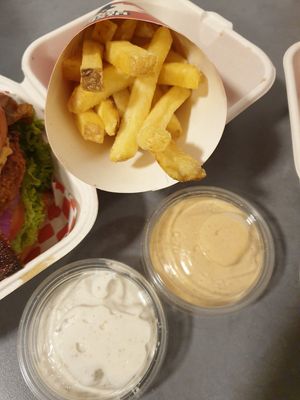 Fries with aioli, and chipotle sauce NZ$6.90 at Wise Boys Burgers in Auckland