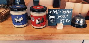 Vegan aioli and mayo sold in store at Wise Boys Burgers in Auckland