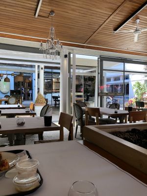 The restaurant is at the back  at Praso in Crete