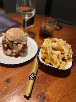 Smokey burger & cheesy chips  at Golden Fleece in Nottingham