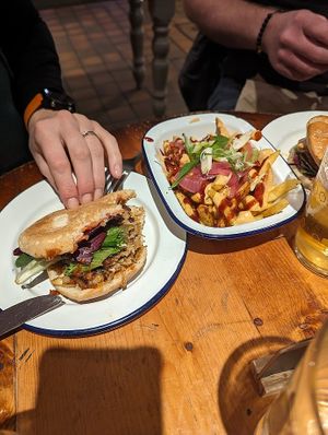 Burger and loaded fries at Golden Fleece in Nottingham