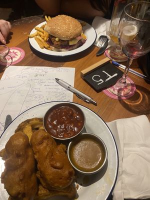 Battered sausage and seitan burger   at Golden Fleece in Nottingham