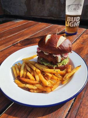 Fish burger and chips at Golden Fleece in Nottingham