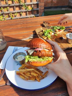 Fish burger and chips at Golden Fleece in Nottingham