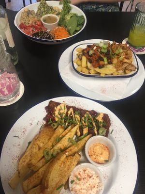 buddha bowl, loaded chips & ribs  at Golden Fleece in Nottingham