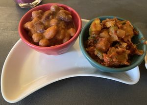 Breakfast hot items: baked beans and potato hash (very good)  at Saorsa 1875 in Pitlochry