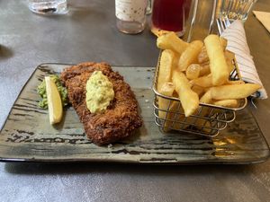 Lunch item Crumbed banana ‘fish’: quite good, but I didn’t like the planty structure of the ‘fish’ (harsher than jackfruit)  at Saorsa 1875 in Pitlochry