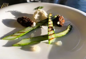 Vegan ricotta stuffed morel muschroom, green tea poached asparagus & potato mousse at Saorsa 1875 in Pitlochry