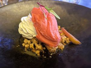 Rhubarb sorbet with a baked marzipan, lavender cream  & candied rhubarb at Saorsa 1875 in Pitlochry