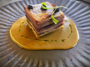 Pomme Anna, kimchi velouté, black garlic purée & green oil at Saorsa 1875 in Pitlochry