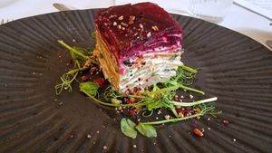 BEETROOT layered heirloom beetroot with basil and oregano cream on a bed of peashoots : at Saorsa 1875 in Pitlochry