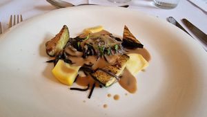 ASPARAGUS fresh black garlic pasta, grilled yellow courgete, roasted yeast sauce & pickled yellow courgete at Saorsa 1875 in Pitlochry