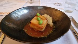 POTATO pomme anna, kimchi velouté, fried potato crisp, pea moss & pea purée : at Saorsa 1875 in Pitlochry