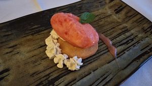 MARZIPAN baked marzipan, rhubarb sorbet, lavender cream & rhubarb coulis at Saorsa 1875 in Pitlochry