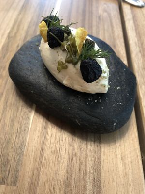 Almond-infused Butter with olives, capers, wild garlic seeds and dill at Saorsa 1875 in Pitlochry