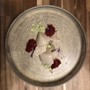 Hay-infused panna cotta with camomile meringue, rhubarb and melissa powder at Saorsa 1875 in Pitlochry