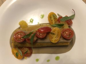 Courgette, basil and buckwheat Crêpe with Aubergine, marinated tomatoes and lemon pearls at Saorsa 1875 in Pitlochry