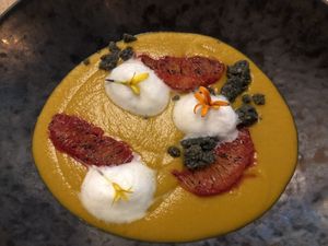 Smokey carrot soup with whisky foam, burnt orange and rosemary biscuit at Saorsa 1875 in Pitlochry