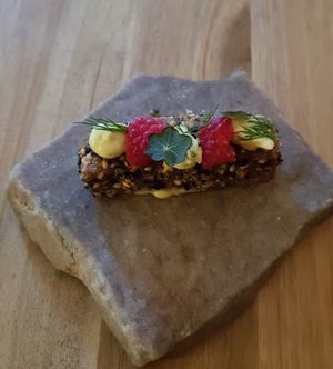 Spelt seitan with sesame pane chive mayonnaise and nasturtium at Saorsa 1875 in Pitlochry