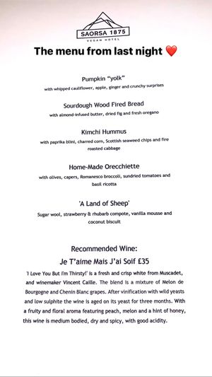 Menu at Saorsa 1875 in Pitlochry