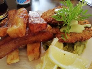 Banana blossom fish and chips at Saorsa 1875 in Pitlochry