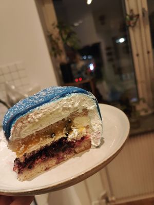 Blueberry princess cake, take away, 2h in a car and still looking good at VeGofika Göteborg in Gothenburg