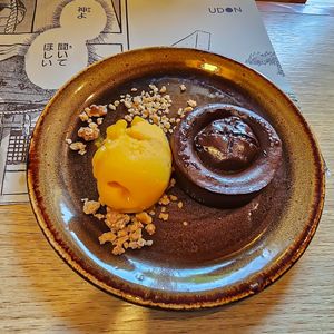 Choc cup with mango sorbet   at UDON - FAN in Mallorca