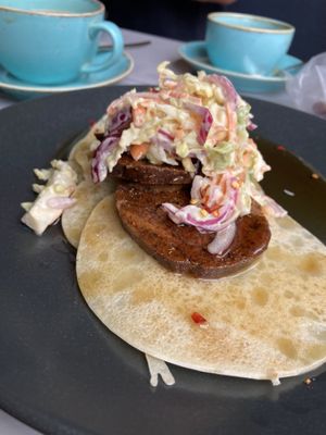 Vegan chckn pancakes (Seitan with vegan coleslaw and maple syrup!) at Little Devil's Cafe in Aberystwyth