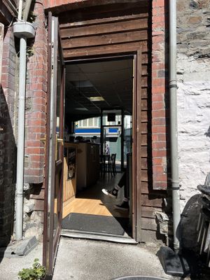 From the outside area into the cafe   at Little Devil's Cafe in Aberystwyth