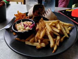 Seitan wrap and chips (December 2022) at Little Devil's Cafe in Aberystwyth