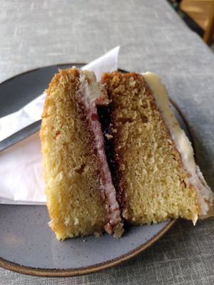 Lemon and raspberry cake (September 2023) at Little Devil's Cafe in Aberystwyth