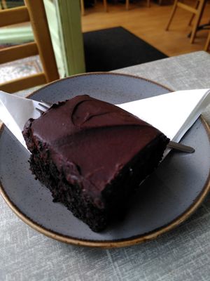 Chocolate fudge cake (January 2024) at Little Devil's Cafe in Aberystwyth