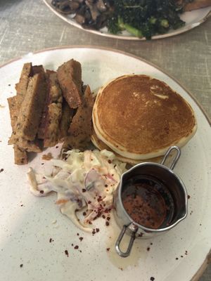the vegan chicken (seitan) and pancakes with coleslaw and a chili maple syrup  at Little Devil's Cafe in Aberystwyth