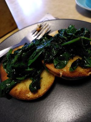 Spinach on bagel (just ask for it without the egg) (August 2025) at Little Devil's Cafe in Aberystwyth