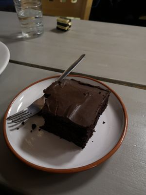 Vegan chocolate fudge cake at Little Devil's Cafe in Aberystwyth