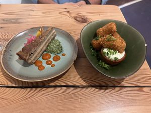 Left: bacon savory cake with rocket pesto. Right: pumpkin croquettes with wasabi mayo  at VanPlanten in Utrecht
