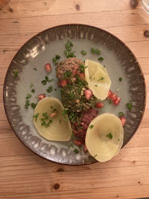 Georgian pkhali:
Creamy eggplant walnut balls, spinach, pickled beet with pomegranate  at VanPlanten in Utrecht